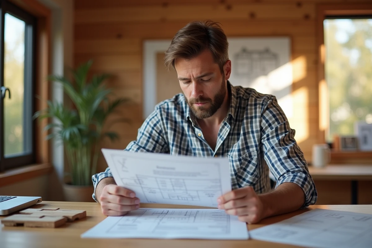 Homme d'âge moyen examinant un devis de construction dans un bureau