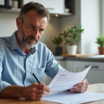 Homme d'âge moyen lisant des documents de prêt dans une cuisine moderne