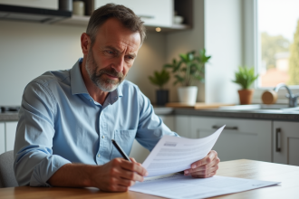 Homme d'âge moyen lisant des documents de prêt dans une cuisine moderne