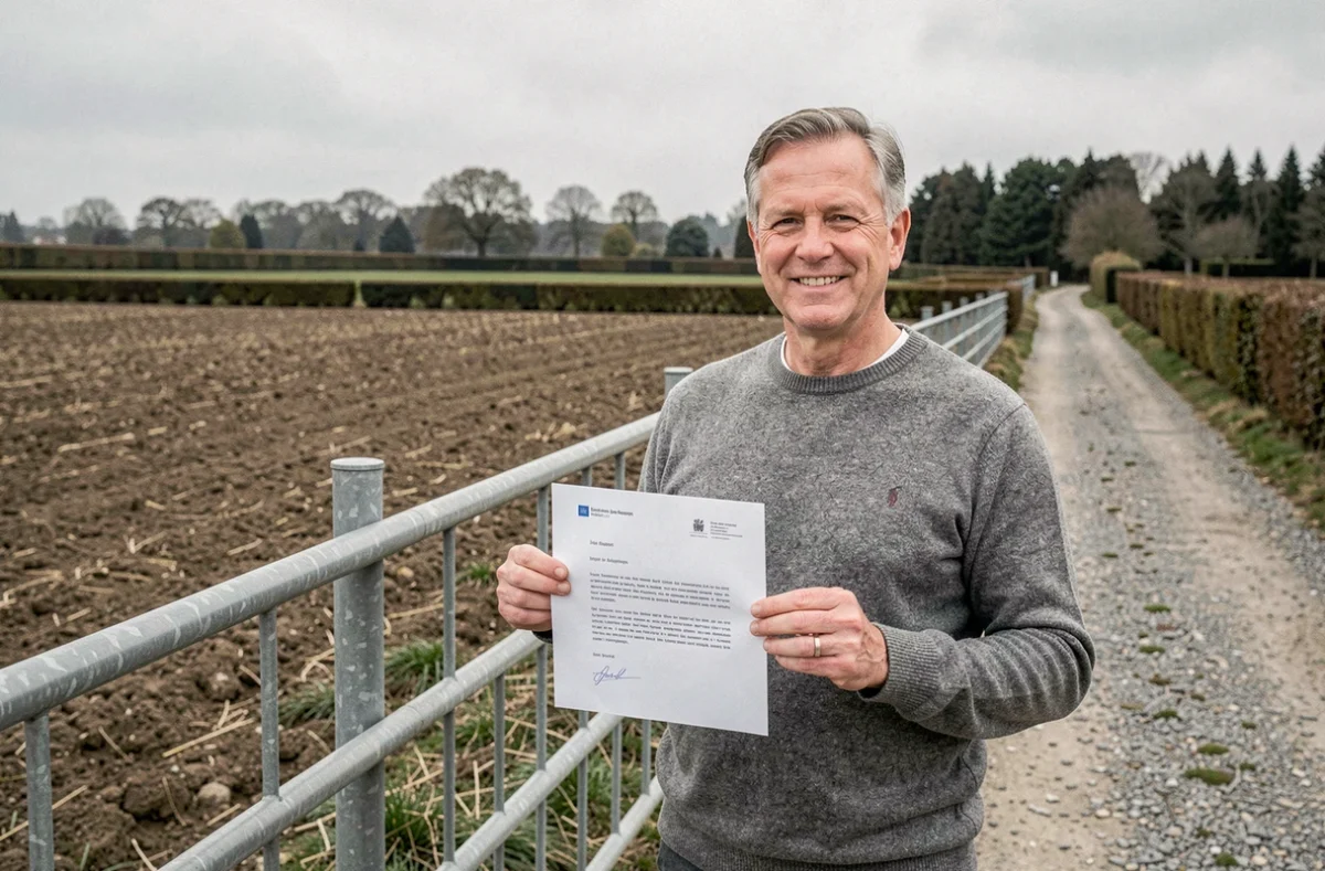 Propriétaire terrien tenant une lettre officielle devant une parcelle agricole en zone rurale française
