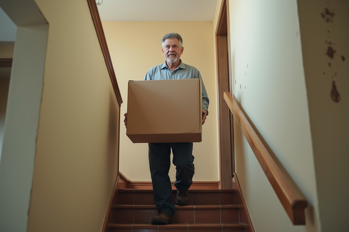 Homme portant une caisse dans un escalier de déménagement