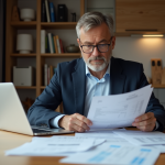 Homme français en tenue décontractée examine ses documents fiscaux