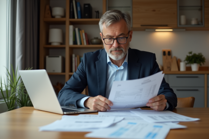 Homme français en tenue décontractée examine ses documents fiscaux