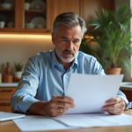 Homme d'âge moyen examine des documents dans une cuisine chaleureuse