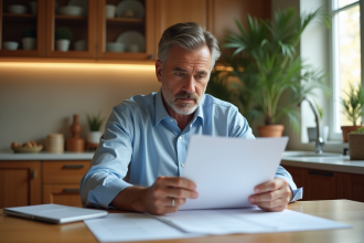 Homme d'âge moyen examine des documents dans une cuisine chaleureuse