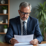 Homme d'affaires examine un document de prêt dans son bureau