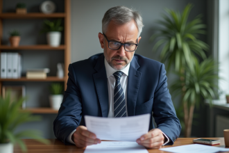 Homme d'affaires examine un document de prêt dans son bureau