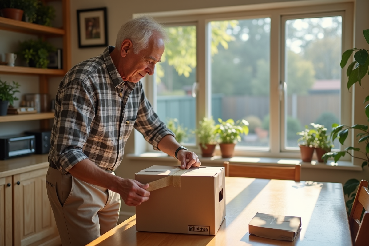 Homme scellant une boîte en carton dans une salle à manger lumineuse