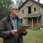 Homme pensif avec un clipboard devant une maison abandonnée