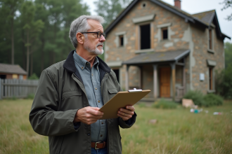 Homme pensif avec un clipboard devant une maison abandonnée