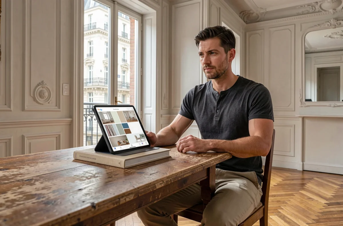 Homme consultant une application de décoration habitat sur tablette dans un appartement haussmannien parisien