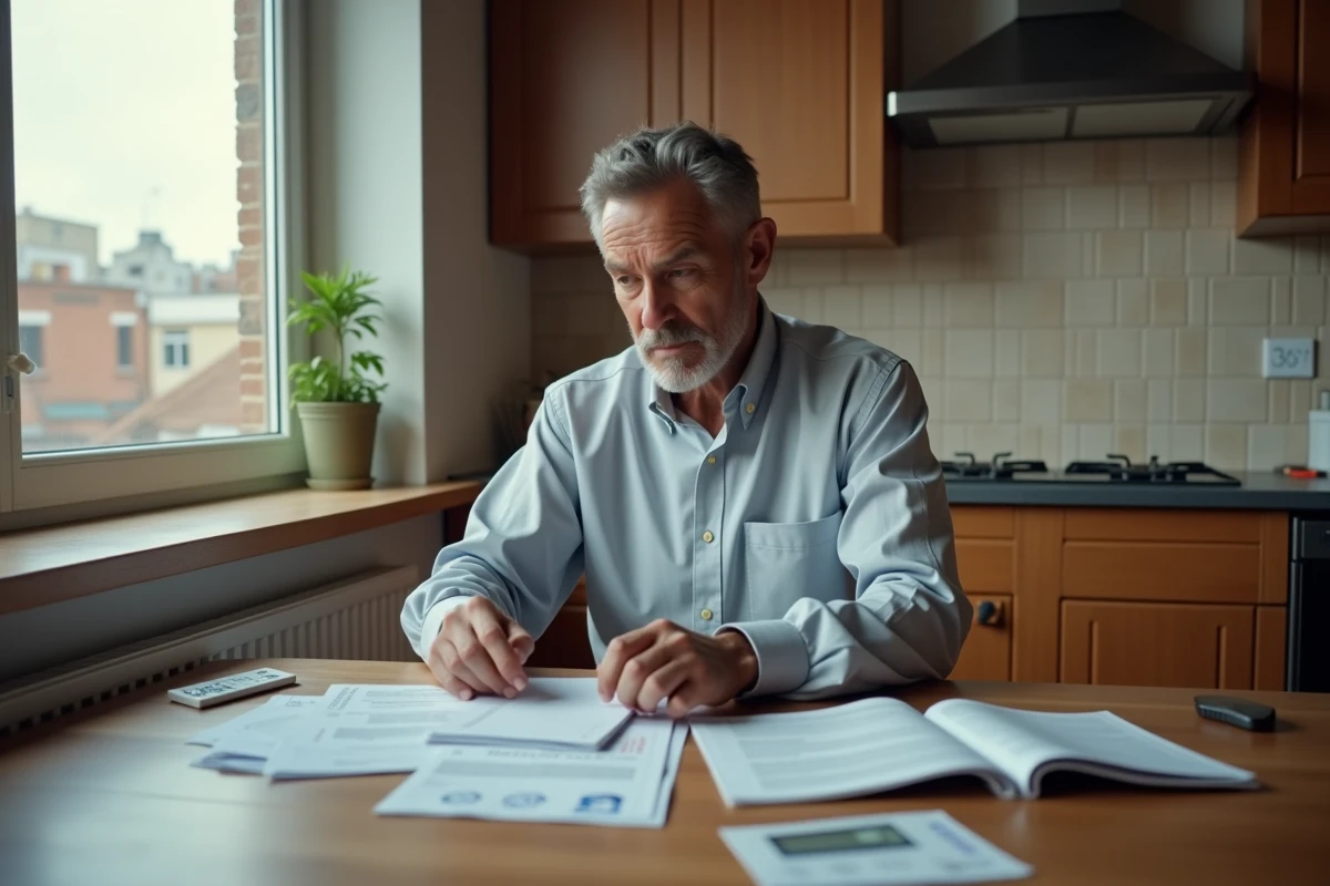 Homme triant le courrier dans une cuisine chaleureuse