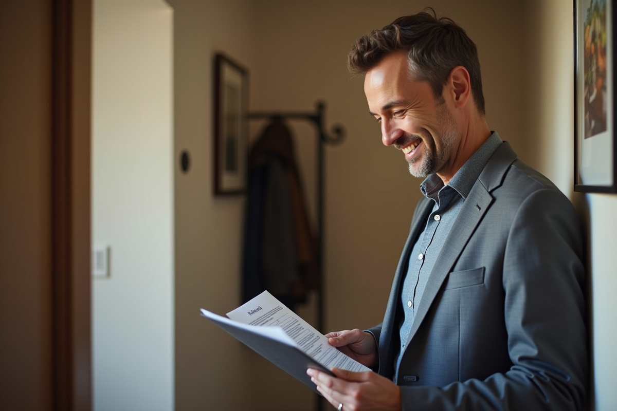 Homme vérifiant des documents de location dans un couloir chaleureux