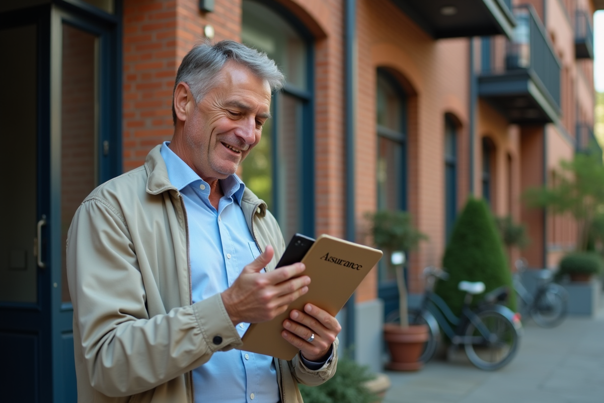Homme vérifie son téléphone devant un immeuble résidentiel