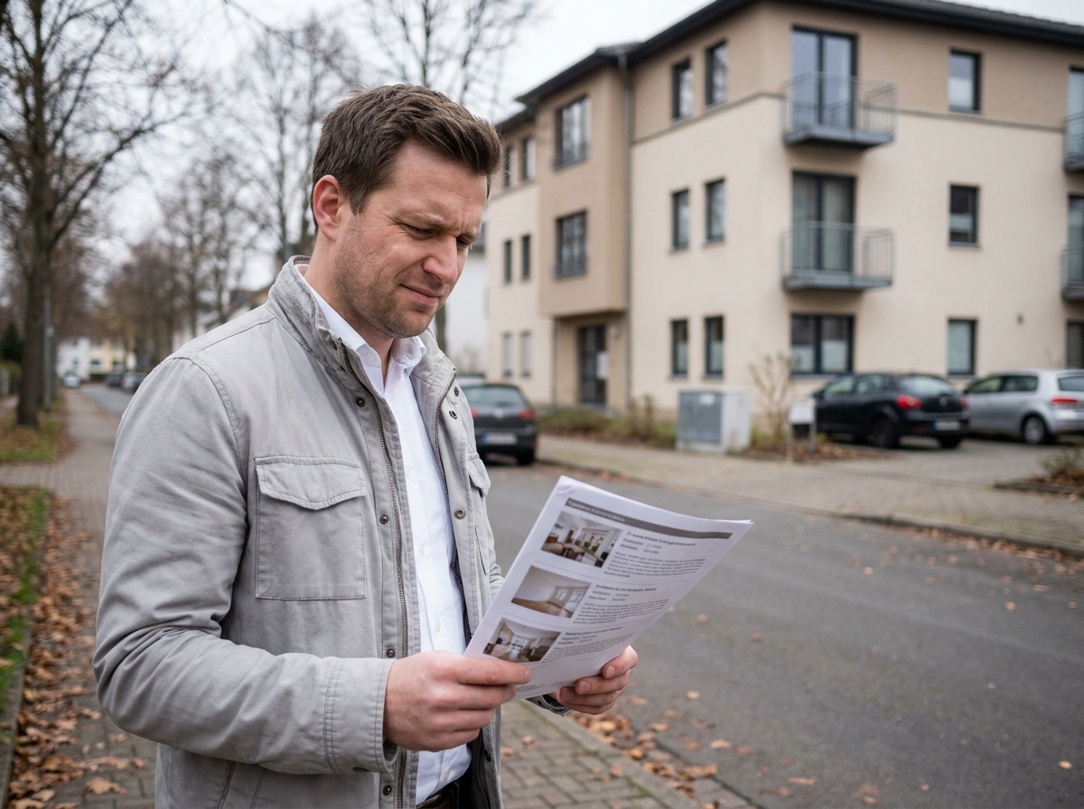 Homme tenant une annonce immobilière devant un immeuble de banlieue lors d'une visite pour un premier achat avec un petit salaire