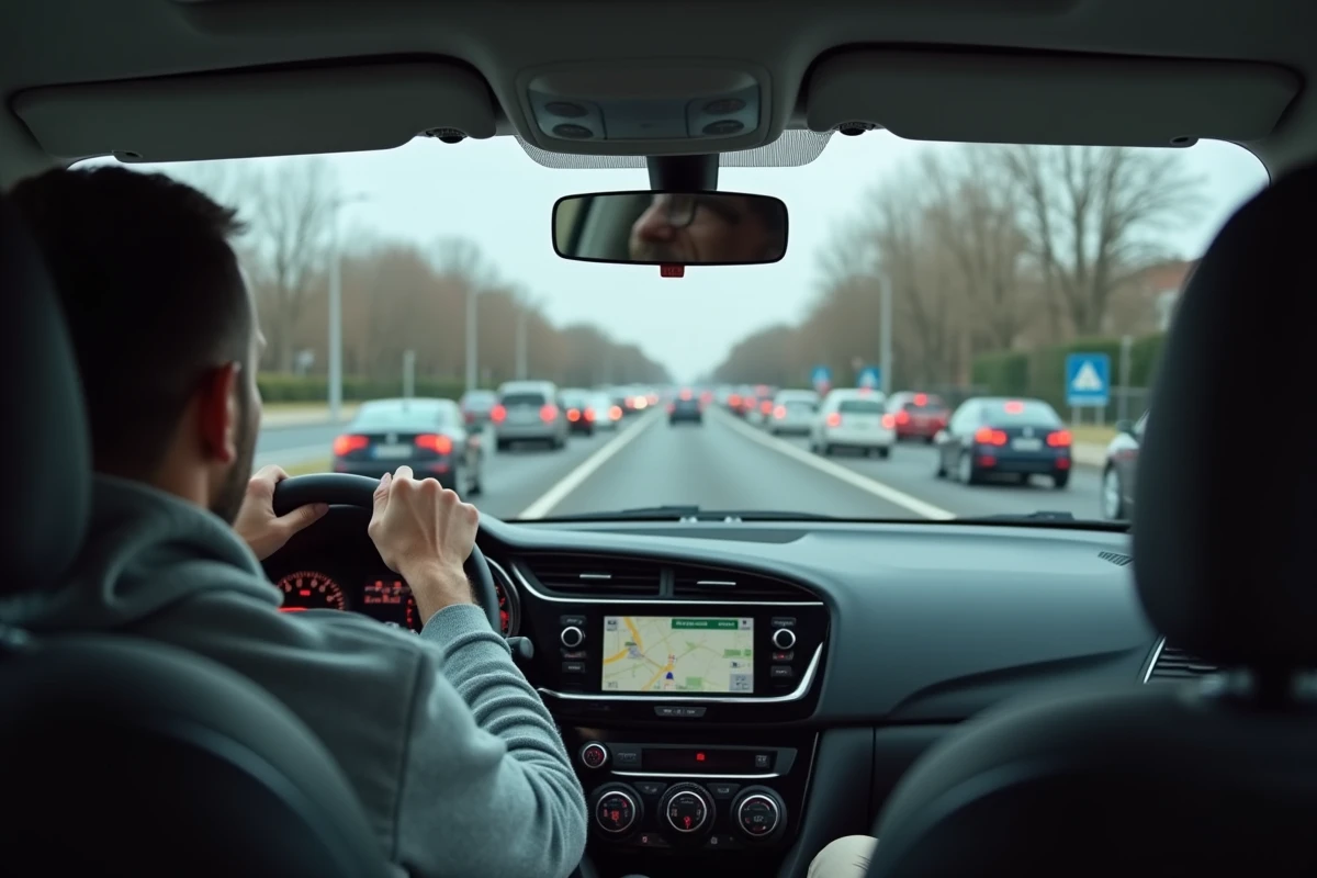 Homme au volant de sa voiture dans les embouteillages en périphérie urbaine, représentant le coût en temps et en argent des trajets domicile-travail depuis un logement éloigné