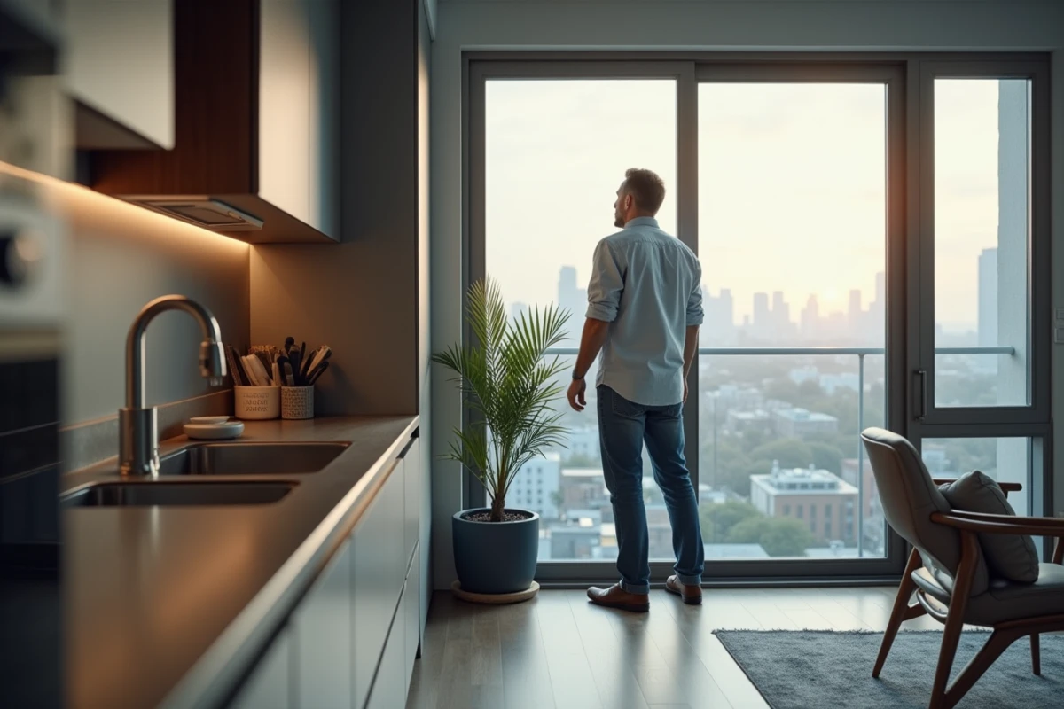 Homme regardant la ville depuis une grande fenêtre