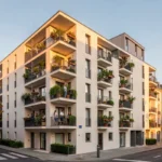 Immeuble de logements sociaux au soleil couchant dans une ville française