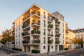 Immeuble de logements sociaux au soleil couchant dans une ville française