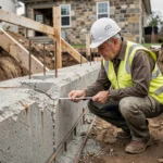 Ingénieur civil inspectant une fondation fissurée lors d'une reprise en sous-œuvre sur un chantier résidentiel