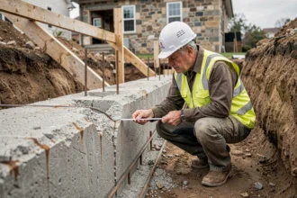 Ingénieur civil inspectant une fondation fissurée lors d'une reprise en sous-œuvre sur un chantier résidentiel