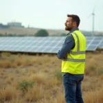 Ingénieur en sécurité observe une ferme solaire expansive