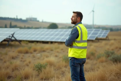 Ingénieur en sécurité observe une ferme solaire expansive