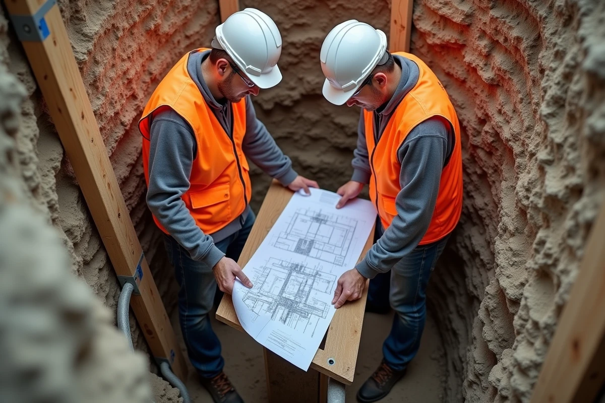 Deux ingénieurs étudiant les plans techniques d'une reprise en sous-œuvre dans une tranchée d'excavation sous une maison ancienne