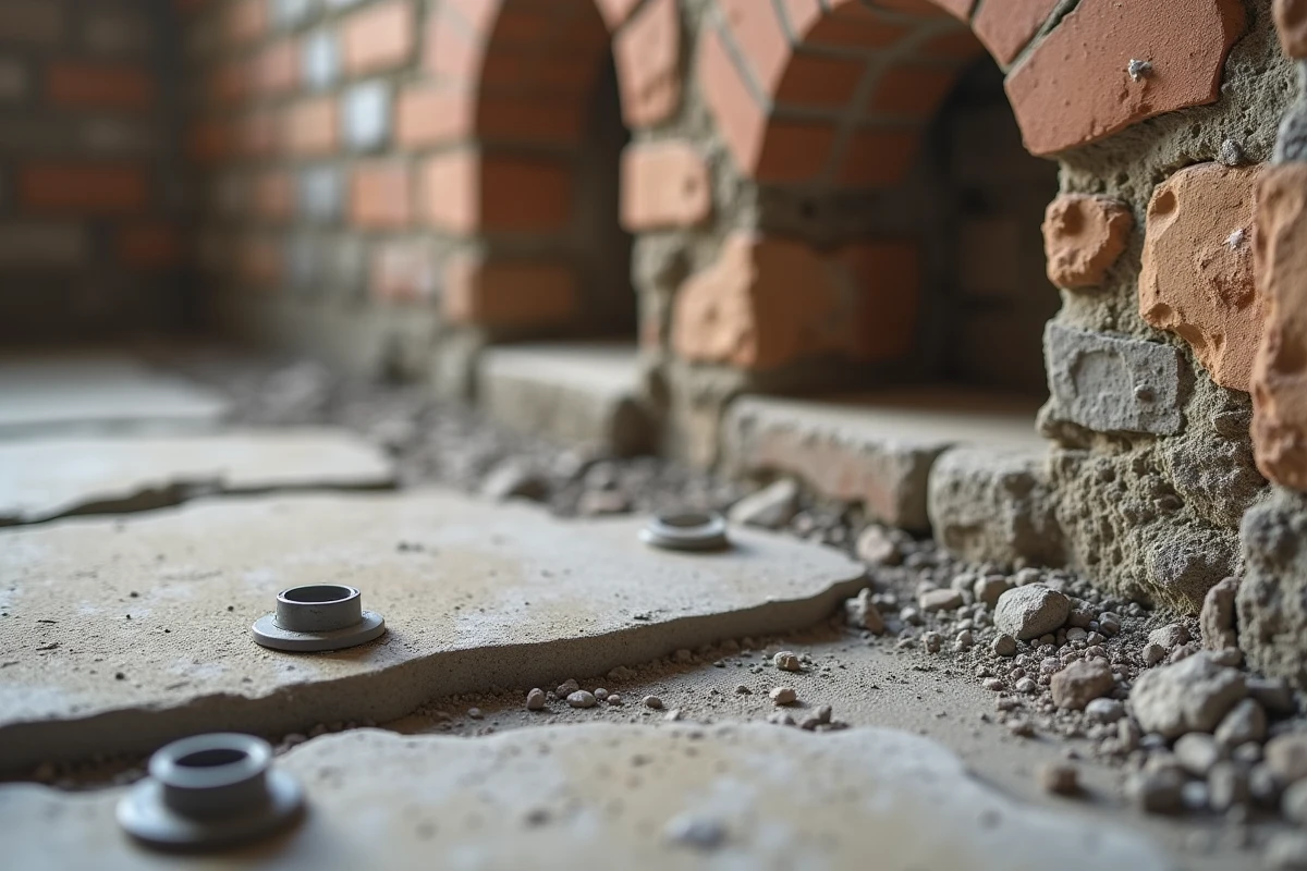 Détail d'une injection de résine sur une fondation en pierre dégradée lors d'une reprise en sous-œuvre de maison ancienne