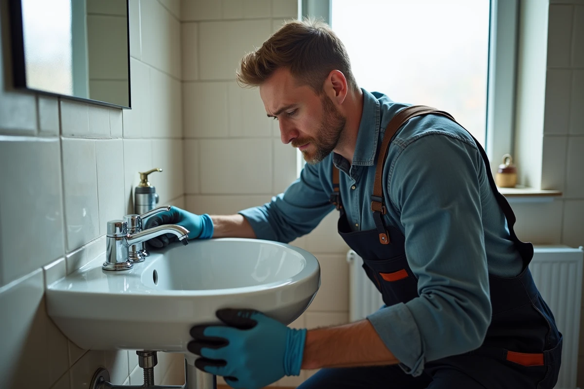 Plombier professionnel installe un lavabo dans une salle de bain