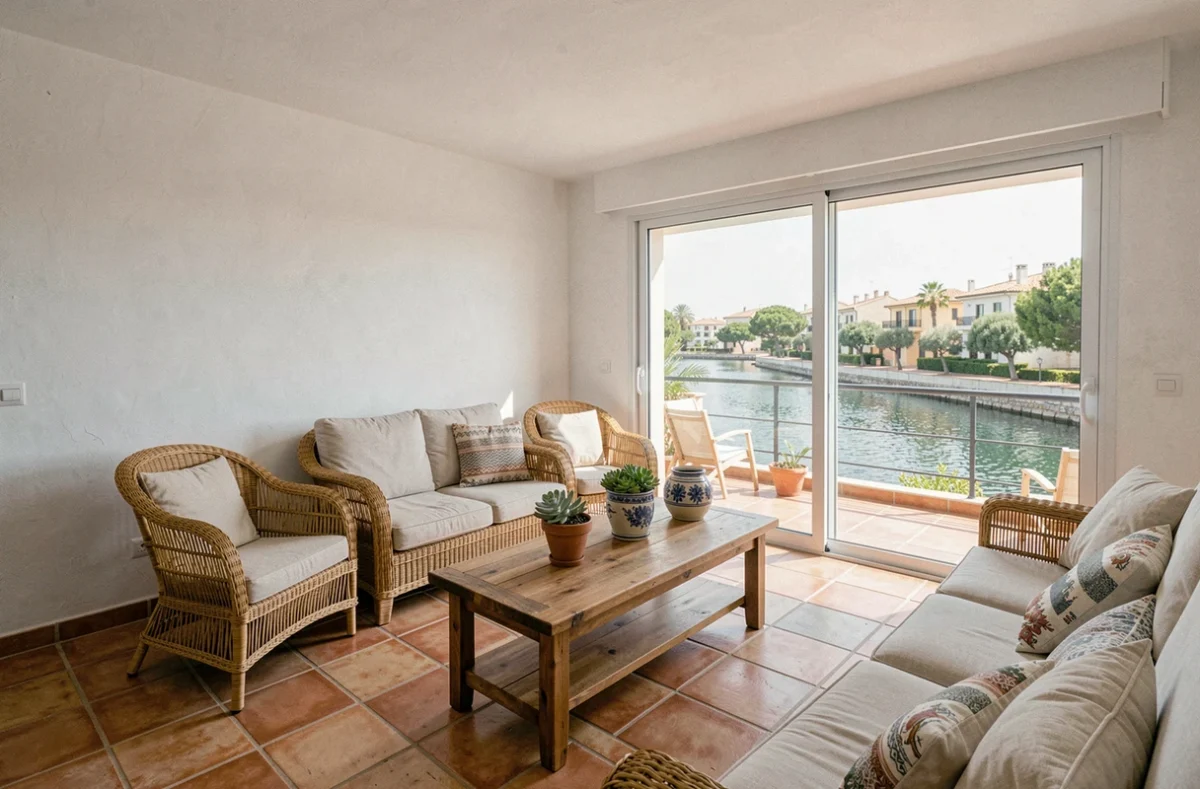Intérieur d'un appartement en résidence secondaire à Empuriabrava avec vue sur canal depuis le balcon