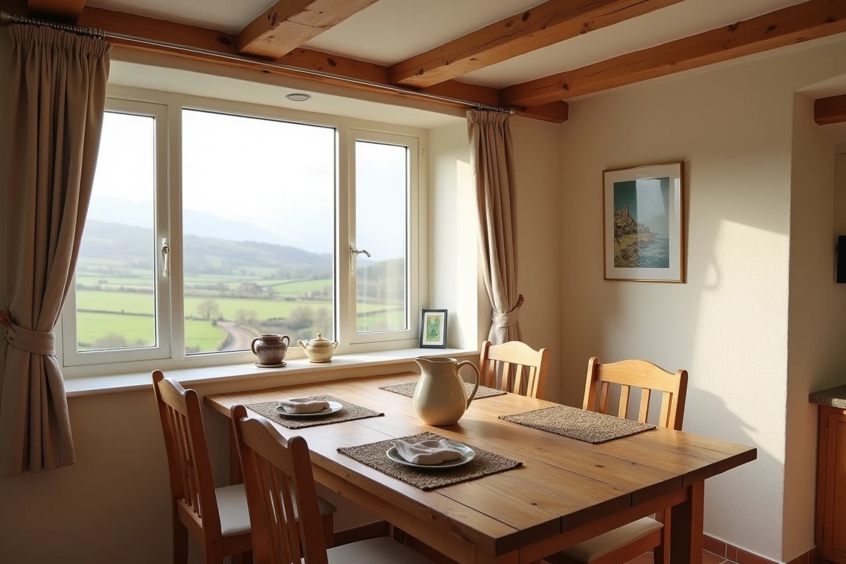Intérieur d'une petite maison normande en location saisonnière avec vue mer, poutres apparentes et ambiance authentique