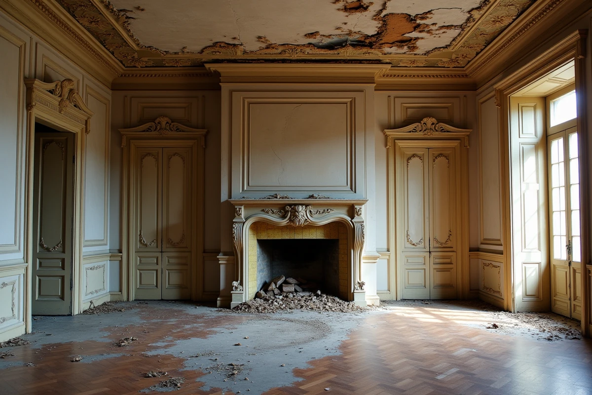 Intérieur d'un manoir abandonné avec cheminée en pierre sculptée et parquet gondolé dans un salon délabré