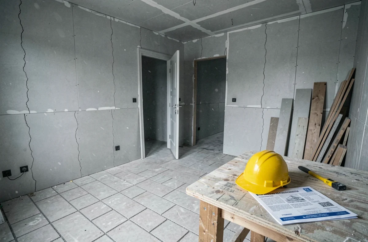 Intérieur d'une maison avec des finitions non conformes, fissures et carrelage mal posé, permis de construire visible