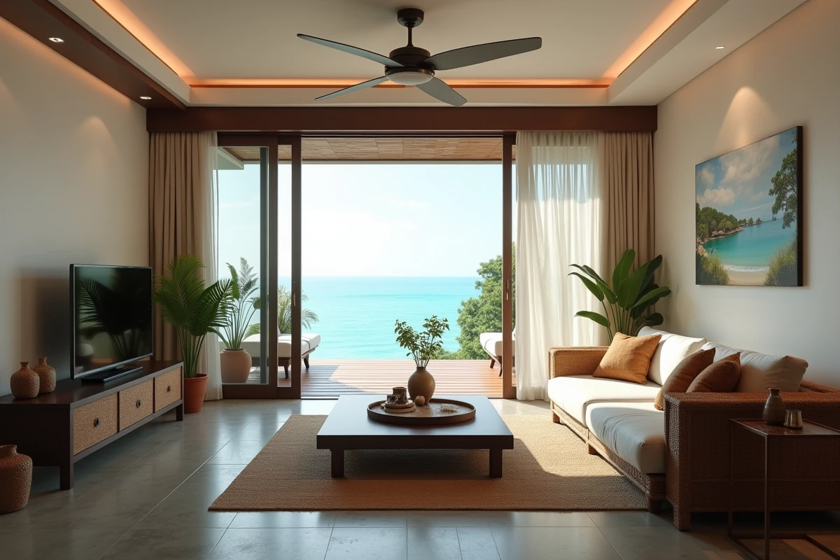 Intérieur lumineux d'une villa de luxe avec vue sur la mer en Thaïlande, salon ouvert sur terrasse et plage