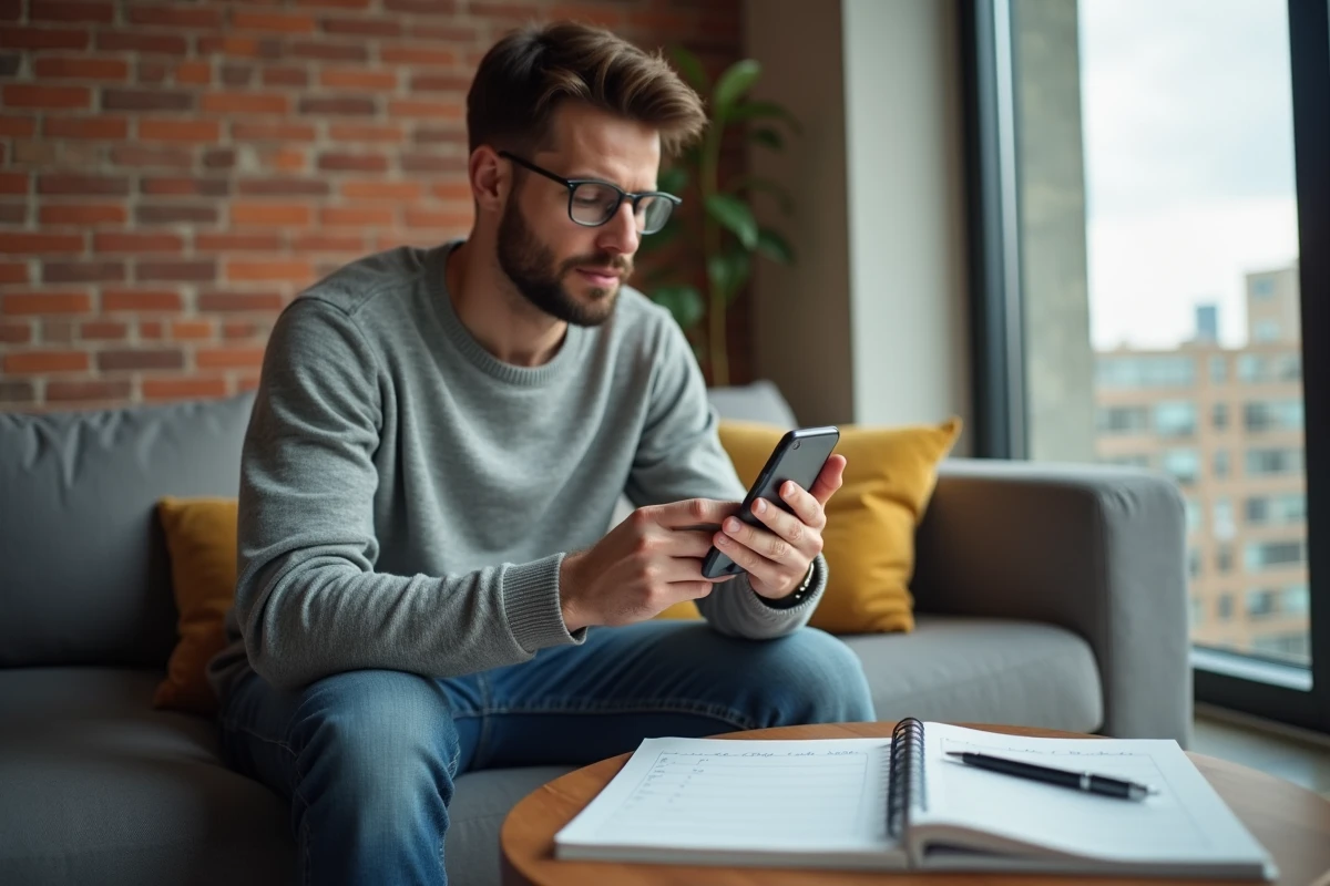 Jeune homme calculant les frais de notaire avec un simulateur sur smartphone pour l'achat de son appartement