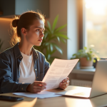 Jeune adulte tenant des documents de location dans une cuisine lumineuse