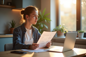Jeune adulte tenant des documents de location dans une cuisine lumineuse