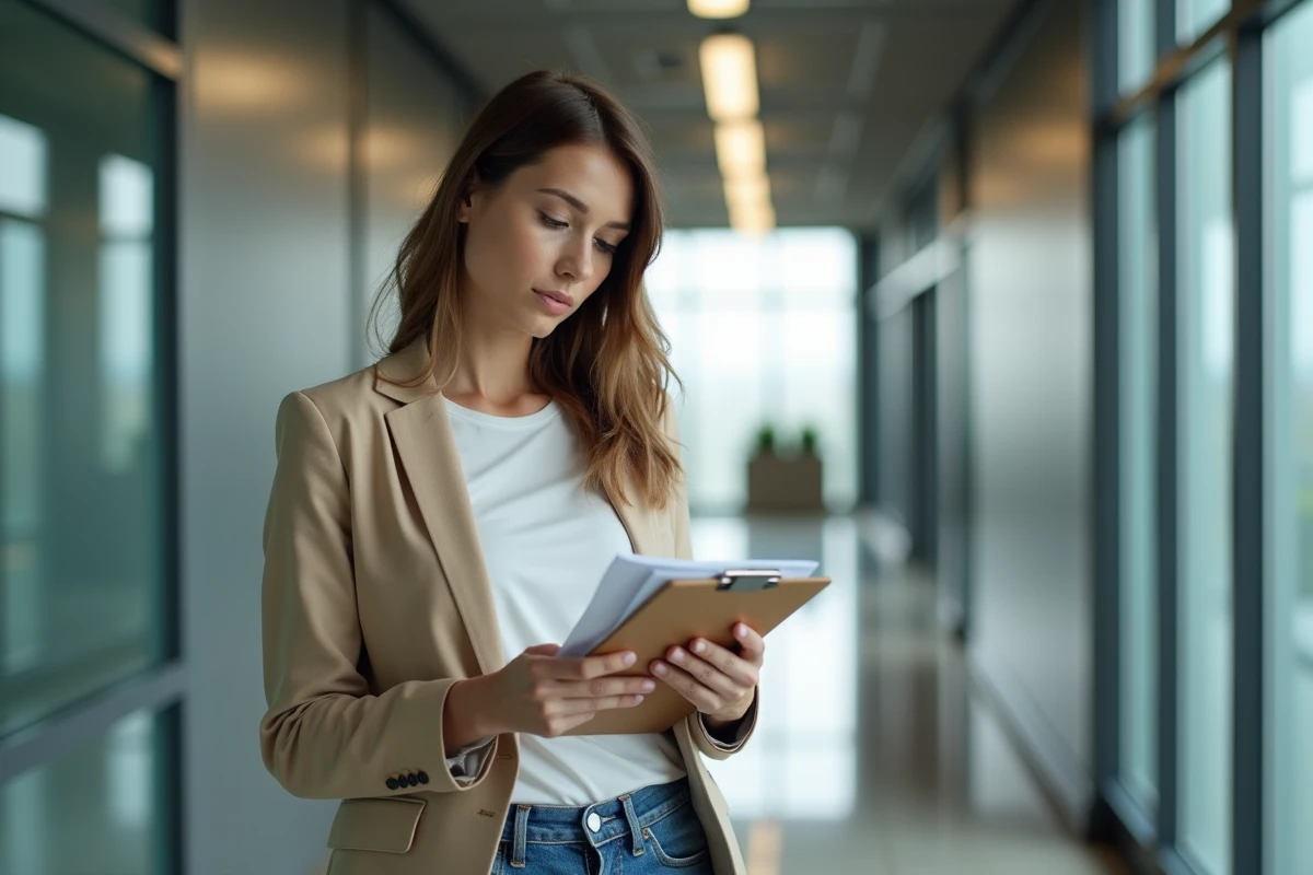 Jeune femme analyste immobilier vérifiant un document dans un couloir rénové