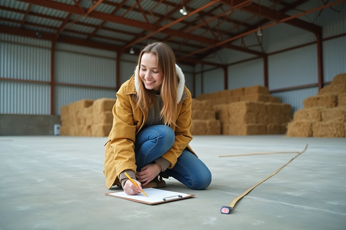 Jeune femme architecte mesure et note dans hangar neuf