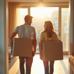 Jeune couple portant des cartons dans un appartement lumineux