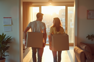 Jeune couple portant des cartons dans un appartement lumineux