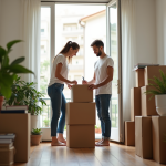Jeune couple emballant des cartons dans un appartement lumineux