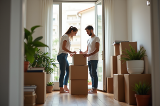 Jeune couple emballant des cartons dans un appartement lumineux