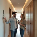 Jeune couple dans un couloir moderne en discussion