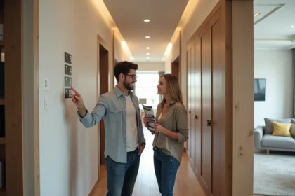 Jeune couple dans un couloir moderne en discussion