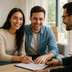 Jeune couple souriant signant un contrat immobilier dans un salon lumineux
