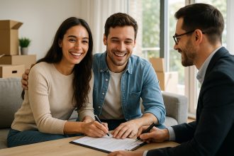 Jeune couple souriant signant un contrat immobilier dans un salon lumineux
