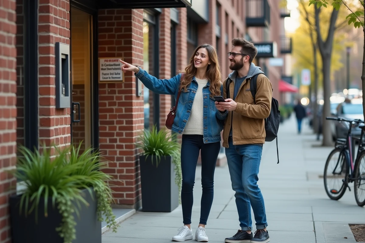 Jeune couple devant un immeuble en ville pour une location