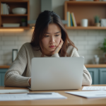 Jeune étudiante concentrée à son bureau avec papiers et ordinateur